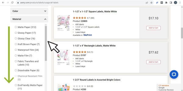 A screenshot showing how to filter Avery labels in-store packs by material on Avery.com.