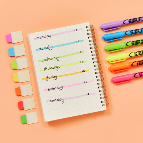 A bullet journal idea for color coding with bright rainbow colors using coordinating Avery Hi-Liters 23585 and Avery UltraTabs in neon pack 74762 and primary color pack 74763.