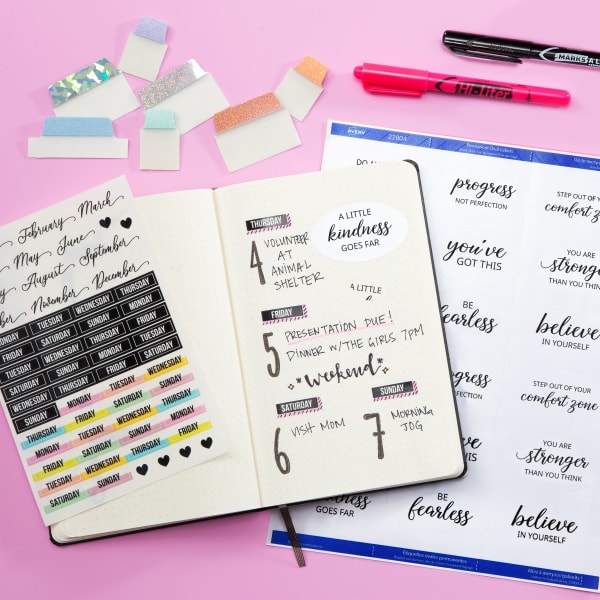 An example of of a bullet journal featuring DIY planner stickers made with blank Avery labels 22564.
