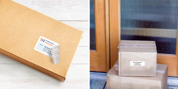 Two images side by side. The first image shows a package with an Avery shipping label that is not yet fully applied. You can see that the grey label backing is printed indicated the label has Ultra Hold adhesive. The second image is of two boxes on a doorstep labeled with Avery waterproof labels. It has clearly been raining given the fact that the boxes and the door are damp, but the labels are in perfect condition. 