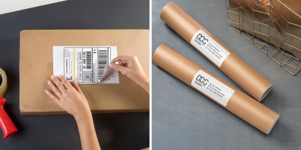Two images side by side demonstrating how to avoid shipping label fails. The first image shows someone applying a return label that has been printed on Avery labels with TrueBlock technology so that the original label doesn't bleed through. The second image shows address labels placed lengthwise on packaging tube so that the address is easily read. 