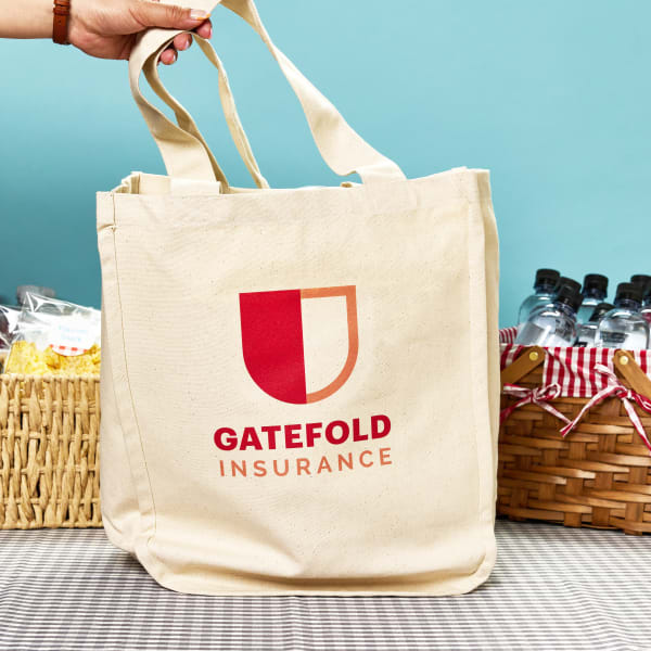 Image showing a tote bag customized with Avery fabric transfers for a company picnic.