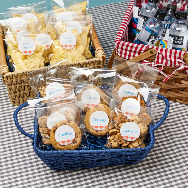 Image showing a company picnic table with treats labeled with Avery round labels.