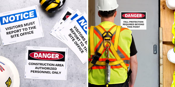 Two images side by side. One is a top-down view of Avery 61552 vinyl signs printed with various messages supporting construction safety rules. The other is a photo of Avery 81552 in real life applied to a door on a construction site. The sign has a danger header and reads, "Fall protection required beyond this point."