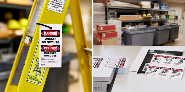 Two images side by side. One is of a ladder marked with Avery 62400 printable tag, which reads, “Danger, Unsafe Do Not Use,” in both English and Spanish (“Peligro, Inseguro no lo use”). The second image also includes Avery 62400 tags shown on a work desk and printed with various custom ladder inspection messages.