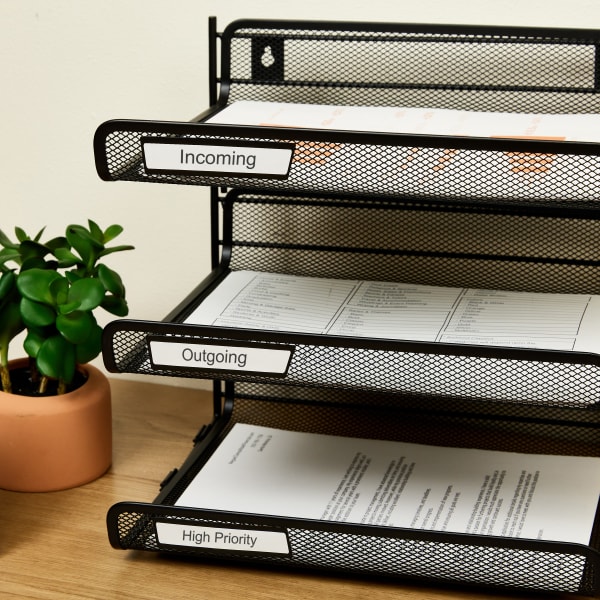 A vertical 3-tier letter tray for desktops. The tiers are labeled with Avery 94210 labels that read, “Incoming,” “Outgoing,” and “High Priority.” 