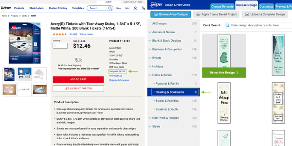 Screenshots of the product page for Avery 16154 printable tickets and the bookmark templates available in Avery Design & Print Online.