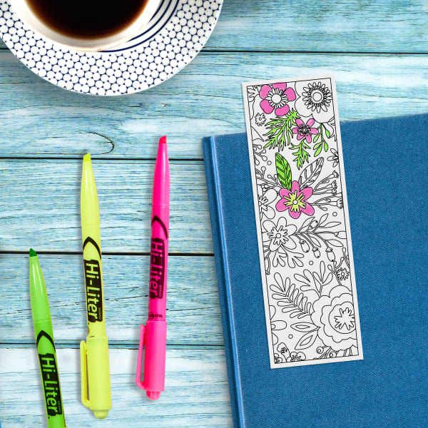 A printable bookmark design with a floral outline printed on an Avery ticket that's colored in with bright highlighters.