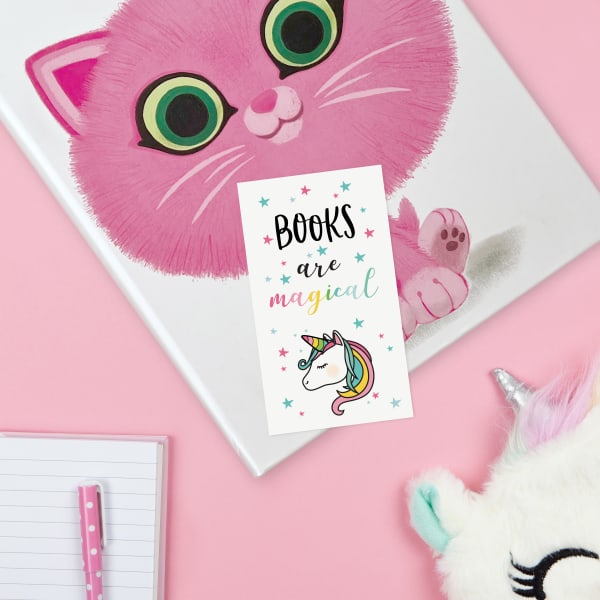 A printable bookmark of a unicorn printed on an Avery business card.
