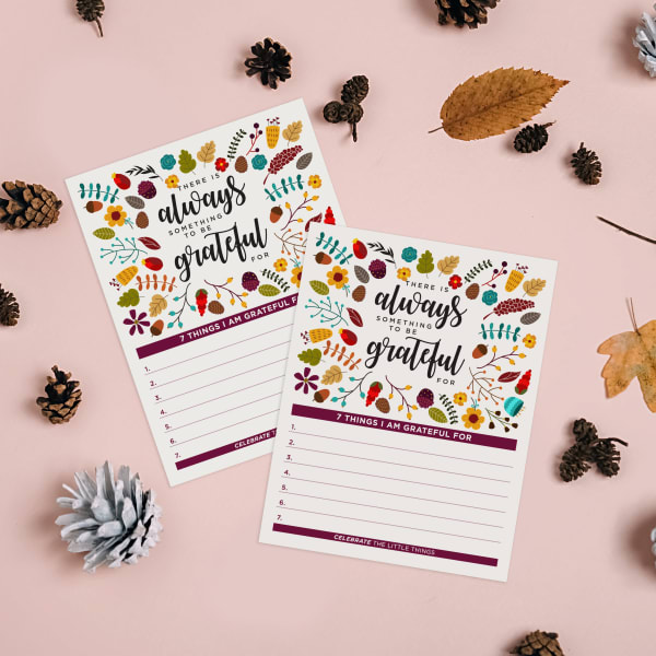 A festive Friendsgiving-themed template for guests to list what they're thankful for, printed on an Avery postcard.