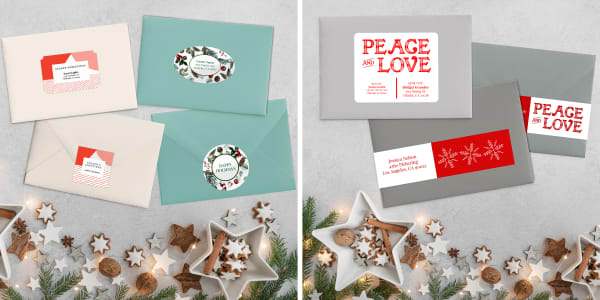 Two images showing quick christmas card ideas of using matching labels for holiday cards made with free Avery label templates. Christmas card envelopes with matching labels are shown on a silver and white Christmas background.
