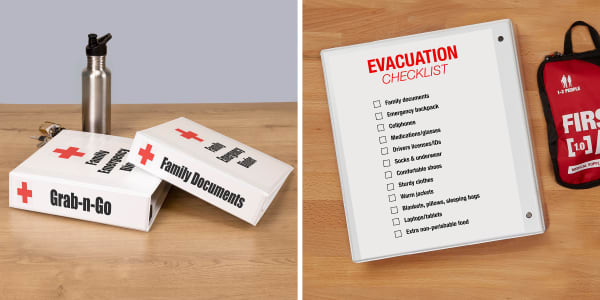 Examples of family emergency binders for important documents and a "grab-n-go" version with copies. Image features Avery 2 inch binder 79192 and printable binder insert 89107.