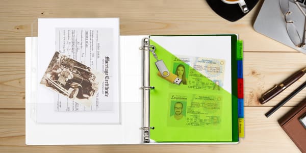 Example of how to organize a family emergency binder using Avery 5-tab divider set 11906. The divider tabs are labeled ID Papers, Medical Info, Insurance, Contacts, and ID Photos. 