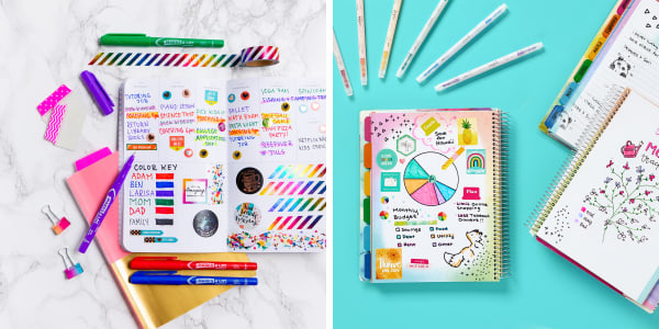 Two images side-by-side. First image of an open planner with colorful markings including a color key, alongside various colored markers, Avery Ultra Tabs, and decorative tape. Second image shows three open Avery Planners with colorful markings, including a color chart, alongside Avery dual-tip markers.