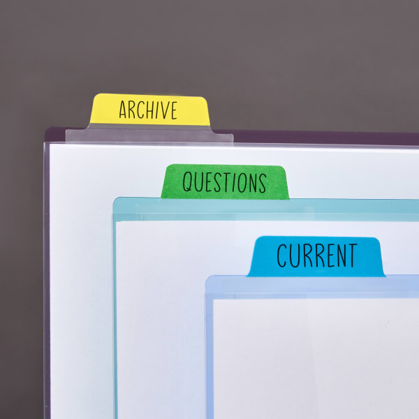 Sheet protectors and files marked with color-coded Avery Ultra Tabs.
