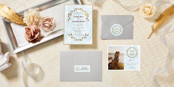 Image showing a wedding invitation, save-the-date card and envelopes using Avery products and templates. The invitation, card and labels have coordinating light blue and gold designs. 