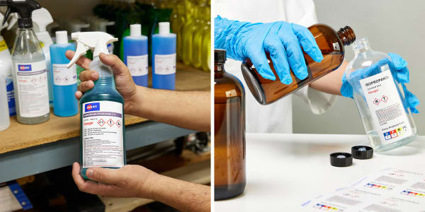 Two images depicting UltraDuty GHS labels used in the Avery office building. The first image shows an R&D team member pouring isopropanol chemicals from a primary container to a secondary container that is labeled with a compliant GHS label. The second image shows a cleaning mixture in a spray bottle which is also a secondary container so it has been labeled with a compliant GHS label as well.