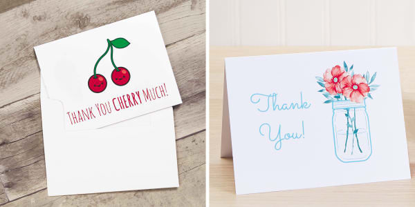 Two images of greeting cards with Avery templates printed on them. One card reads “Thank you cherry much!” with a graphic of cute cherries and the other features an illustrated Mason jar with flowers in it and reads “Thank You!”