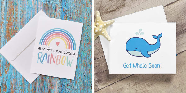 Avery templates for get well soon cards shown on printable Avery notecards. One card reads, “After every storm comes a rainbow” in watercolor rainbow text with a picture of a rainbow and a heart. The other card reads, “Get whale soon,” with a picture of a cute cartoon whale.