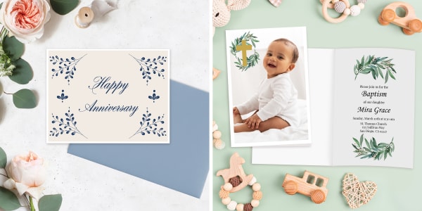 Two images of greeting cards with Avery templates printed on them. One card reads “Happy Anniversary!” with a graphic of elegant, pale blue florals and the other is an invitation to a baptism with a photo of a baby included.