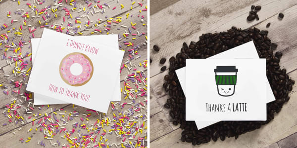 Avery templates for thank you cards shown on printable Avery note cards. One card reads “I donut how to thank you!” with a picture of a donut and the other reads “Thanks a latte!” with a picture of a coffee cup.