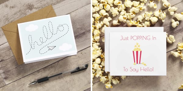 Avery templates for greeting cards shown on printable Avery note cards. One reads “Hello” with a paper airplane design and the other reads “Just popping in to say hello!” with a picture of popcorn.