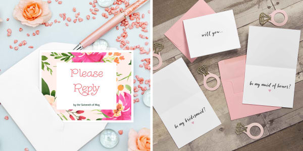 Avery templates for wedding cards shown on printable Avery notecards. One card is an RSVP card with a pink and green peony flower border and it reads, “Please Reply.” The other card reads, “Will you be my bridesmaid?” or “Will you be my maid of honor?” for a bridesmaid proposal card.