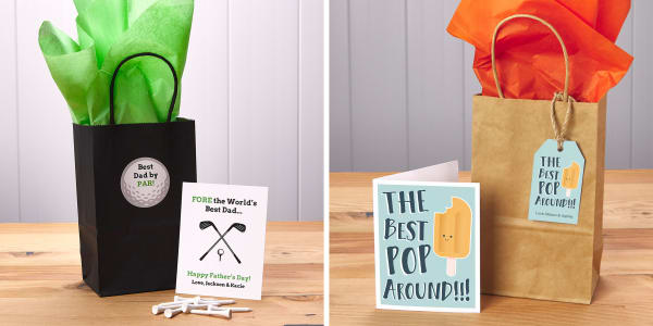 Avery templates for Father’s Day shown on printable Avery notecards. One card reads, “Fore the World’s Best Dad” and is paired with a matching golf-themed label. The other card reads, “The Best Pop Around” with a picture of an ice pop and matching gift tag.