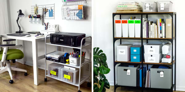 Two images side by side. Left image shows a desk area and printing area with containers neatly labeled. Right image shows a book shelf holding books and storage containers that are labeled or have tags hanging from the handles.