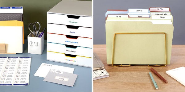Two images side by side. Left image shows a desktop mailing center with labeled desk drawers. Right image shows a desktop with a file holder and labeled file folders.