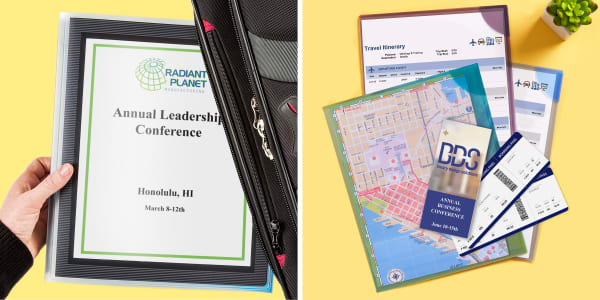Two images of items used to create a travel binder for business. The first image shows a Avery binder 15766 with a cover that reads "Annual Leadership Conference. Honolulu, HI, March 8-12th. There is a company logo at the top of the binder cover insert. Next to that is a photo Avery corner lock document sleeves 72262 used to organize a map, plane tickets, travel itinerary and a conference brochure. 