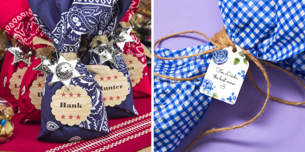 Two examples of personalized gift tags made with Avery scalloped tags 80511 and 22848. A round scalloped tag is shown as personalized tags on favor bags for a Western party and a scalloped edge banner tag is shown on a bouquet of flowers for Mother's Day. 