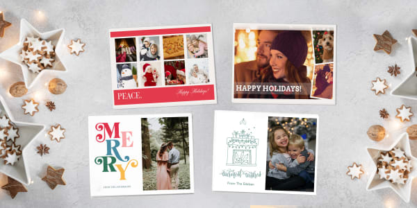 Image of quick Christmas card idea of using photos on four predesigned Christmas cards made from free Avery templates. Holiday cards are shown on silver and white holiday background.