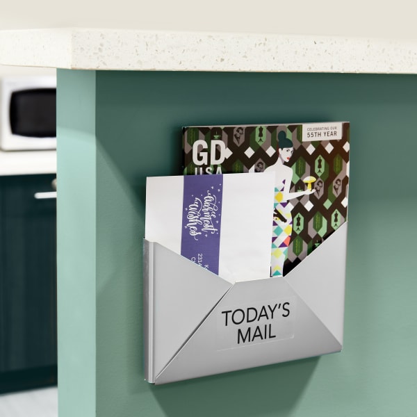 A hanging mail receptacle is shown under a kitchen counter. The container is labeled with Avery 6522 clear label and reads, "Today's Mail."