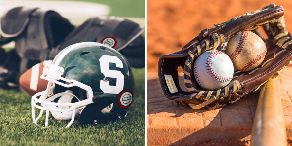Examples of sports equipment labels used on football and baseball equipment. One photo shows a football, shoulder pads and a helmet in the grass. Avery vinyl hard hat stickers 61536 are applied to the outside of the pads and the helmet. Another photo shows a baseball glove with balls and a bat on a baseball diamond. A waterproof Avery label is used inside the glove to ID the owner.