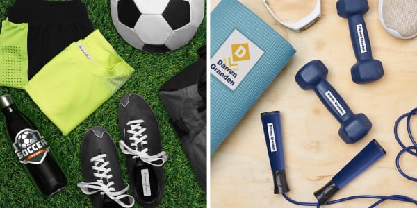 Sports equipment for soccer and indoor sports training are shown in two images. Durable Avery labels are shown on a metal water bottle, conditioning mat, jump rope and hand weights.