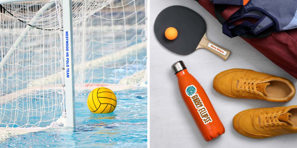One photo showing an Avery UltraDuty label on a water polo net is shown next to a photo with some indoor sports gear, including a paddle, sneakers, and a metal water bottle. The paddle is labeled with a durable removable Avery label and the water bottle is labeled with a waterproof label. 
