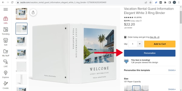 Showing how to pick an Avery binder design on Zazzle and which button to click to open the customization pop up.