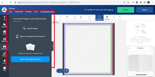 Showing the buttons to click to add custom elements to a binder or upload your own images to Zazzle.