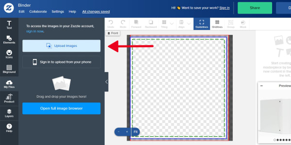 Showing the button to click to upload custom binder designs on Zazzle.