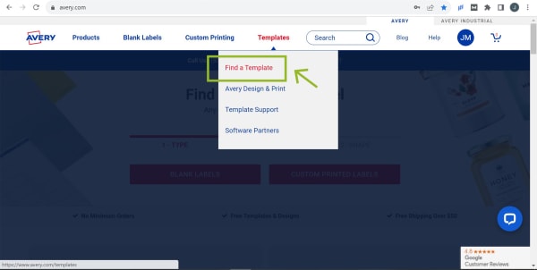 A screenshot of the Avery.com website showing where to select "Templates" from the main menu, then "Find a Template" from the drop down which takes you to the Avery template finder page.