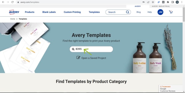 A screenshot of the webpage showing where to enter your Avery product number in order to search for templates. 

