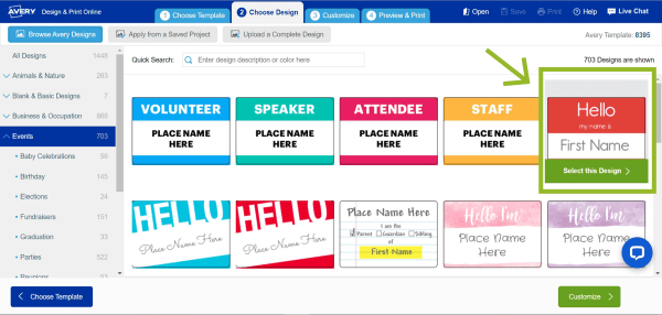 A screenshot showing examples of templates you can choose from to make name tags for Avery product 8395.