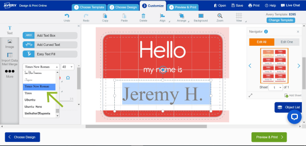A screenshot of the Avery Design and Print Online editing screen showing an open template and where to add and edit the text. 