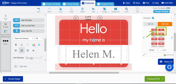 A screenshot showing where to find the Edit One and Edit All buttons in Avery Design and Print Online when editing.