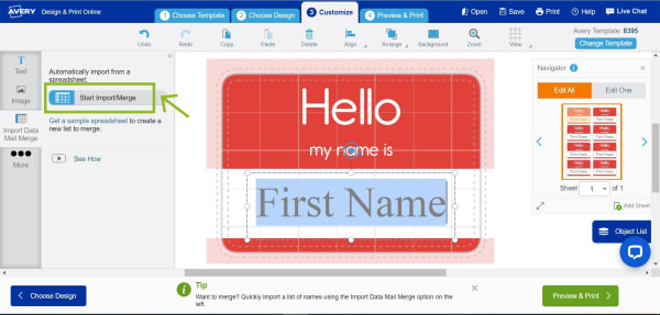 A screenshot showing where to find the Mail Merge tool in Avery Design and Print Online. This is the tool needed to import names or other information from a spreadsheet. 