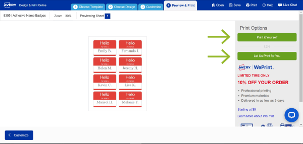 A screenshot showing the preview and print page in Avery Design and Print Online. Two arrows point to the options to print the name tags yourself or order them custom-printed. 