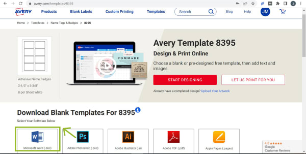 A screenshot of the Avery template page for name tag product 8395 showing where to find the blank Word template to download.