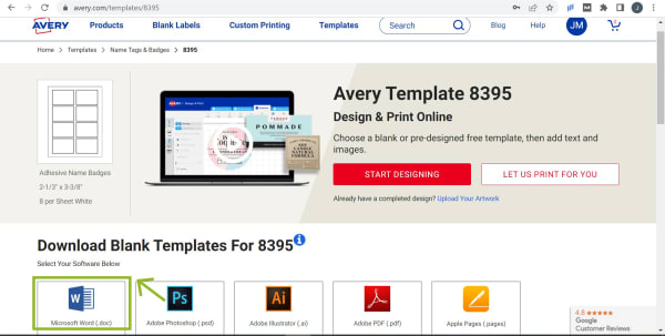 Screenshot of the Avery Template 8395 page on the Avery website. The page offers options for designing and printing online, with buttons for 'Start Designing' and 'Let Us Print For You.' A section below titled 'Download Blank Templates for 8395' provides various template file formats, including Microsoft Word (.docx), Adobe Photoshop (.psd), Adobe Illustrator (.ai), Adobe PDF (.pdf), and Apple Pages (.pages). A green arrow points to the Microsoft Word option. The top navigation includes links like 'Products,' 'Blank Labels,' 'Custom Printing,' and 'Templates.