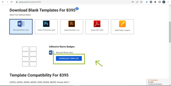 Screenshot of the Avery website displaying the 'Download Blank Templates for 8395' section. The section includes multiple template options such as Microsoft Word (.docx), Adobe Photoshop (.psd), Adobe Illustrator (.ai), Adobe PDF (.pdf), and Apple Pages (.pages). The Microsoft Word option is highlighted, and a green arrow points to the blue 'Download Template' button beneath the 'Adhesive Name Badges' section. Below, there is a 'Template Compatibility For 8395' list showing compatible product numbers. The website’s layout includes typical navigation links at the top.
